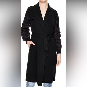 Sandro Black Waterloo Mixed Media Trench Coat, size 36 (small), bomber sleeve